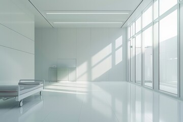 Poster - An empty, minimalist hospital room with an empty bed, flooded with sunlight from large windows, emphasizing cleanliness, simplicity, and a tranquil environment for patients.