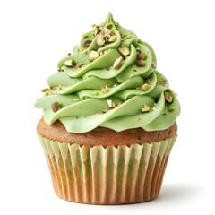 Delicious cupcake with green pistachio frosting and chopped nuts. Perfect for dessert, celebration, or a sweet snack.