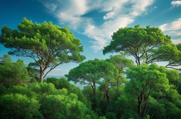 Wall Mural - Dense forest canopy with tall pine trees in sunlight under bright blue sky