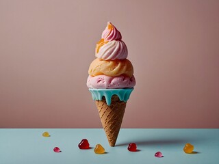 Wall Mural - Minimal food concept ice cream cone and gummy candy