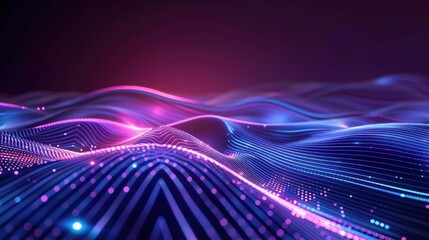 Poster - A digital landscape with glowing lines and waves in pink and blue hues, creating an abstract and futuristic background