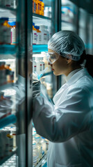 scientist is carefully selecting samples from a refrigerated cabinet in a modern research laboratory