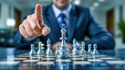 Businessman strategizing in an office, focused on moving a chess piece during a game. Concept of strategy, planning, decision-making, and leadership.