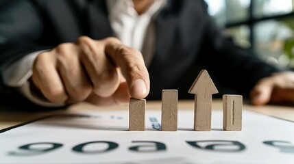 Wall Mural - Businessman Analyzing Virtual Financial and Mortgage Rates with Percentage Symbol and Up Arrow Return on Stocks