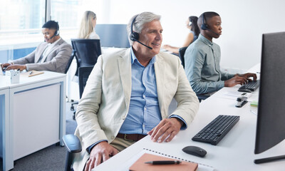 Poster - Customer service, office and mature man on computer for insurance sales, online help and consulting. Coworking, call center and person with headset for communication, crm support and telemarketing