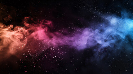 Wall Mural - colorful smoke fog clouds with shiny dust sparkles of glitter on a black background.