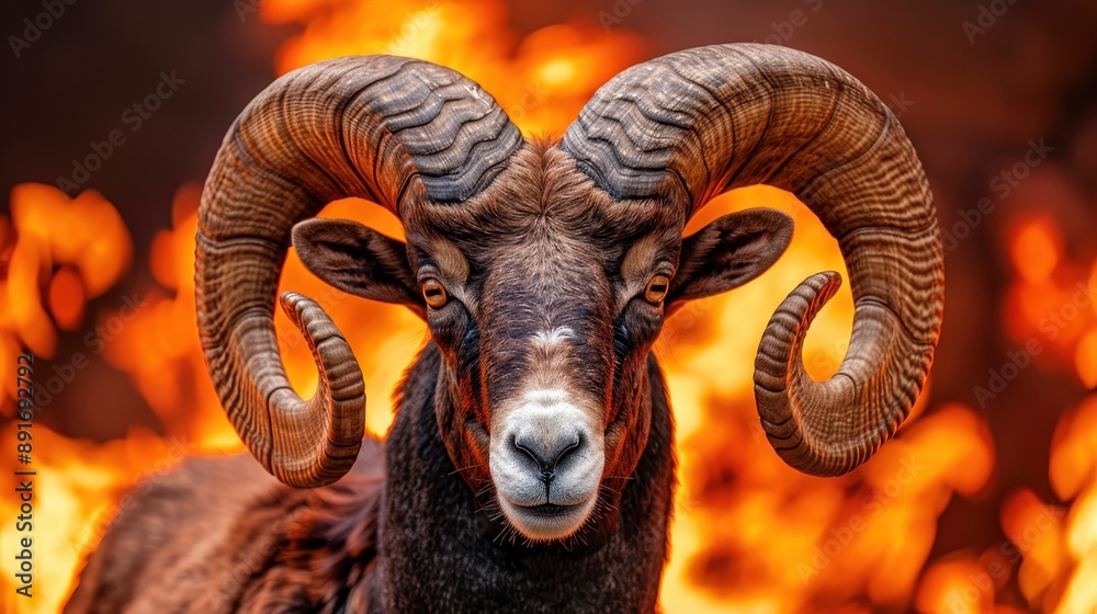 Majestic ram with large curled horns standing against a fiery ...