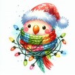 © Phisan - A cute cartoon bird wearing a Santa hat and scarf, tangled in Christmas lights.