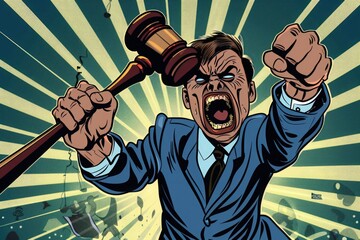 angry man with gavel, intense expression, comic book style