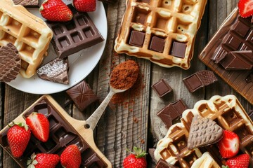 assortment of waffles, chocolates, and strawberries, top view, delicious treats