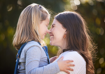 Poster - Hug, mom and happy child in park for playing, love or bonding together for single parent or care. Garden, relax or mother in outdoor nature for support, security or safety with smile, growth or kid