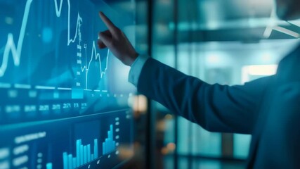 Poster - Businessman pointing at a large digital screen displaying financial graphs and data analysis. Concept of market analysis, business strategy, and corporate decision-making 