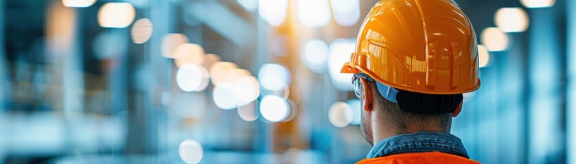 Worker wearing orange safety helmet and vest, inspecting factory with blurred background lit by industrial lights.