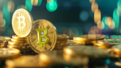 Poster - Stacks of gold Bitcoin coins with a blurred financial graph in the background. Symbolizing cryptocurrency investment and market trends 