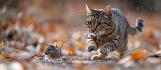 Wall Mural - A Tabby Cat Chasing a Mouse in the Autumn Leaves