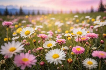 Sticker - Vibrant field of white and pink daisies basks in golden light of setting sun