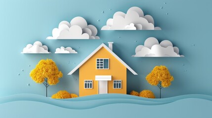 Wall Mural - A house is shown in a drawing with a cloudy sky in the background