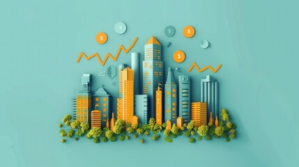 Wall Mural - A cityscape with buildings and trees, with a dollar sign on top of a building