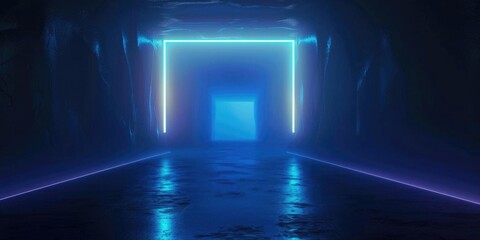 Poster - Abstract dark empty scene with blue neon light on a black background, creating a futuristic and moody visual.