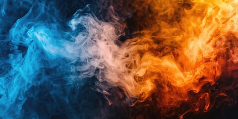 Poster - Artistic depiction of blue and orange smoke steam moving on a black background, creating a striking and vibrant visual.