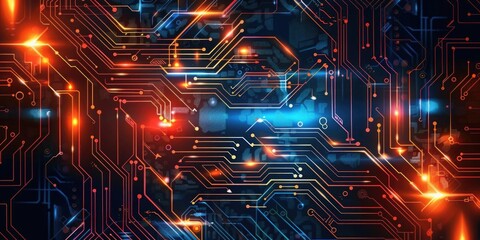 Poster - Abstract futuristic electronic circuit technology background, featuring intricate patterns and glowing lines.