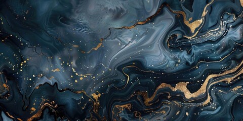 Poster - Artistic dark blue and gold marble texture with floral designs, creating an intricate and elegant background.