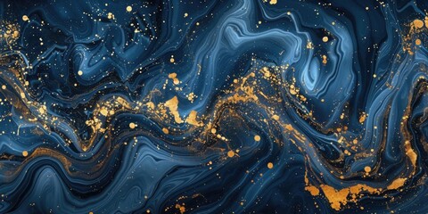 Abstract dark blue and gold floral marble texture background, creating an elegant and luxurious visual.