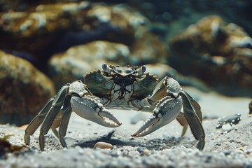 Poster - Detailed close-up of a crab, highlighting its features and textures as it moves over a sandy underwater environment, showcasing marine life and the ocean's fascinating creatures.