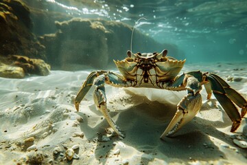 Poster - A photograph of a crab making its way over the sandy ocean floor, presenting an up-close look at its features and the beauty of the underwater ecosystem.
