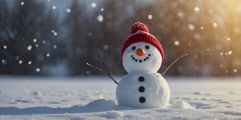 Wall Mural - snowman standing snow dynamic background smiling warmly red cheeks yellow color eyes header small hat macro mouth morph.