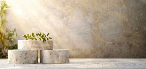 Poster - Natural stone podiums with greenery create a serene atmosphere, perfect for showcasing products or decor in a minimalist setting.