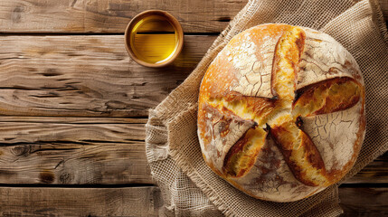 Wall Mural - A round loaf of bread with a cracked crust, resting on a burlap cloth, accompanied by a small bowl of olive oil. Overhead shot