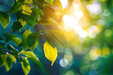 Poster - A picturesque scene of sunlight filtering through lush green leaves on tree branches, capturing the essence of a vibrant, peaceful natural environment in harmony with the outdoors.
