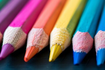 Poster - A detailed close-up image of bright and colorful pencils lying side by side. The vibrant colors and sharp tips symbolize creativity, organization, and artistic expression.
