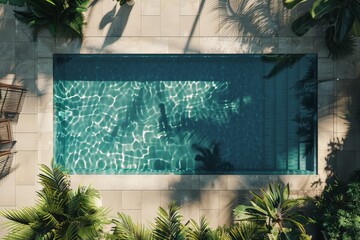 Poster - This image captures a serene swimming pool bordered by lush green foliage, emanating an aura of tranquility and relaxation, perfect for a luxurious and rejuvenating escape.