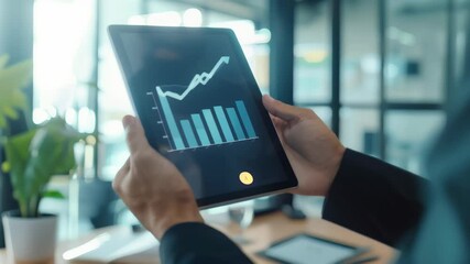 Aufkleber - Business professional analyzing rising bar chart on a tablet in a modern office. Concept of financial growth, business success, and technology in the workplace 