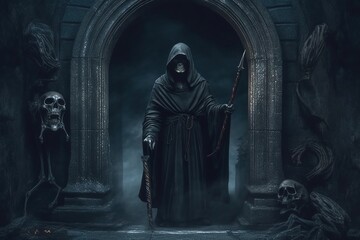 Wall Mural - Grim reaper standing in dark doorway with skulls