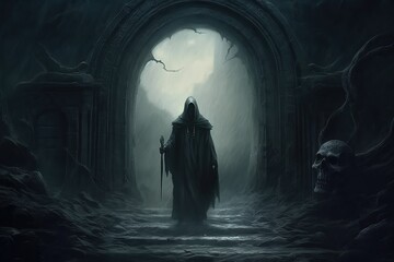 Wall Mural - Entrance to dark hell with grim reaper standing in front of it