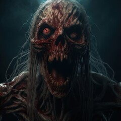 Wall Mural - Close-up of gruesome undead creature with bloody gaping mouth in 4K