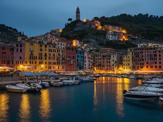 Wall Mural - Mystic evening in Porto Venero, Italy, Liguria harbor, colorful houses, boat