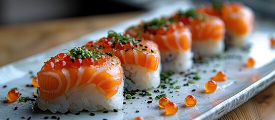 Poster - Salmon Nigiri Sushi with Toppings on a White Plate