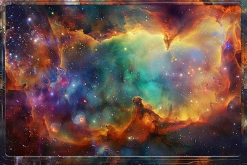 Wall Mural - Cosmic nebula framed in a high-tech, metallic border. Vibrant colors of swirling gases and stars. Background of deep space with distant galaxies. Mystical and awe-inspiring.