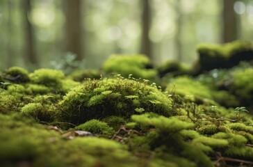 Wall Mural - Close-up of lush green moss in forest clearing showcasing soft texture