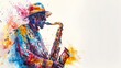 © Tracto - Watercolor illustration of a street performer with a saxophone and colorful attire, isolated on a white background