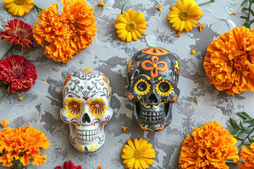 colorful sugar skulls adorned with marigolds on a festive grey background for dia de los muertos