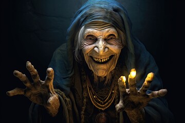 Creepy old hag with dark blue skin and glowing fingers