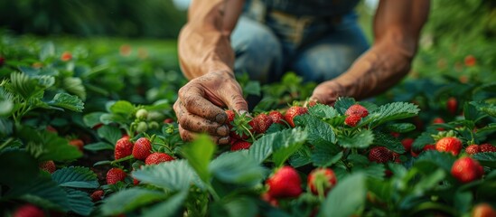 Wall Mural - Picking Ripe Strawberries in a Lush Garden