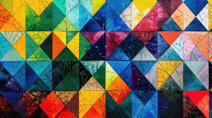 Poster - Close-up of bright, vibrant mosaic wall with geometric triangles made up of smaller, differently colored triangles in a repeating grid pattern