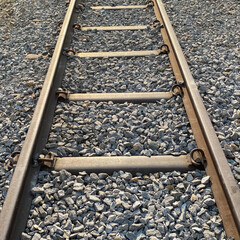 Railroad tracks are old steel rails in a portrait for historic transportation and travel in Asia