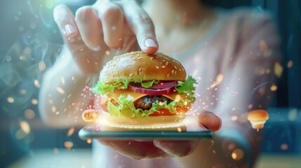 Poster - Close-up of a woman's fingers touching a 3D fast food icon on a phone, representing online delivery. Innovative service